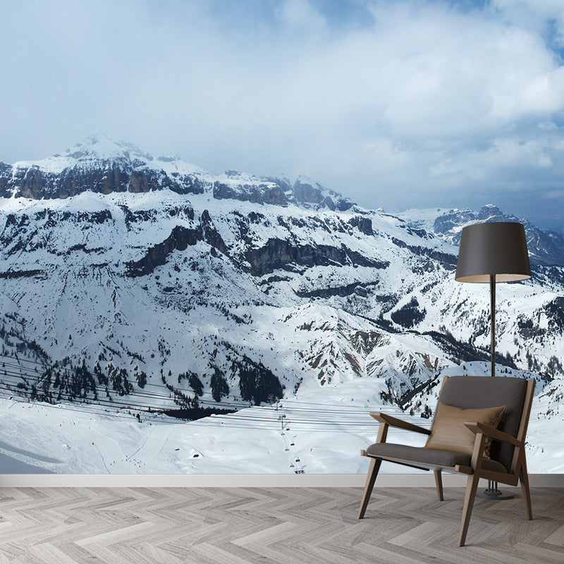 Cloudy Snow Mountain Wall Murals Blue-White Contemporary Wall Decor for Living Room