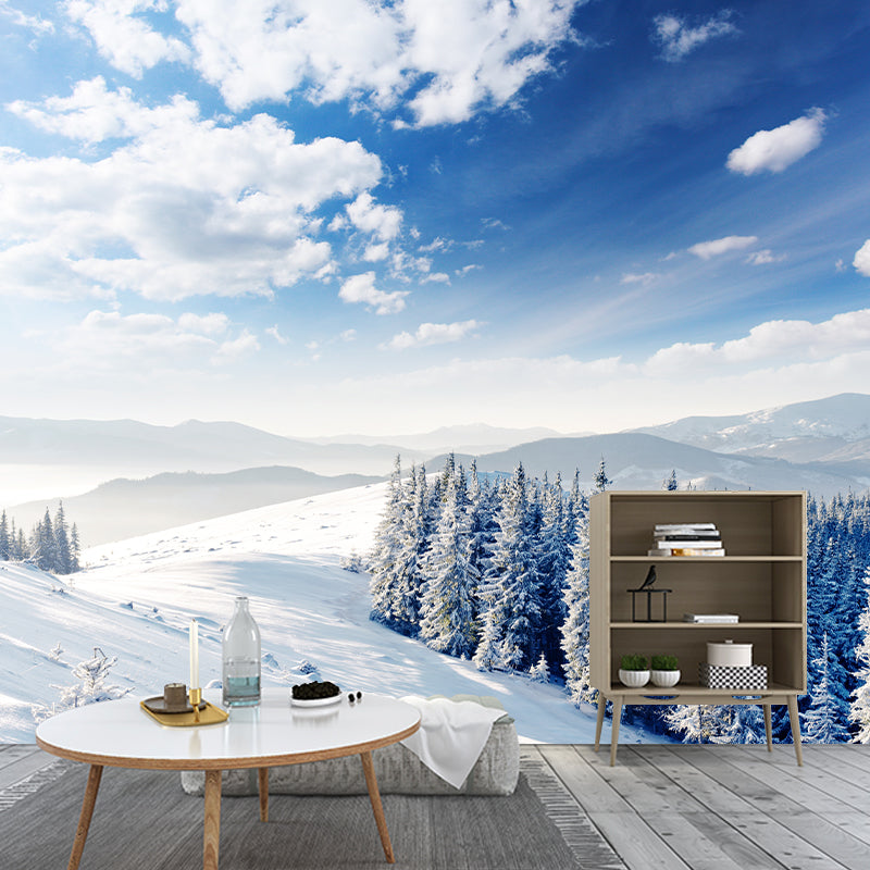Modern Snowy Pine Forest Mural Wallpaper Blue-White Waterproof Wall Art for Living Room