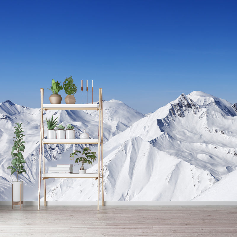 Snow Mountains Wall Paper Mural in Blue-White Contemporary Wall Art for Living Room
