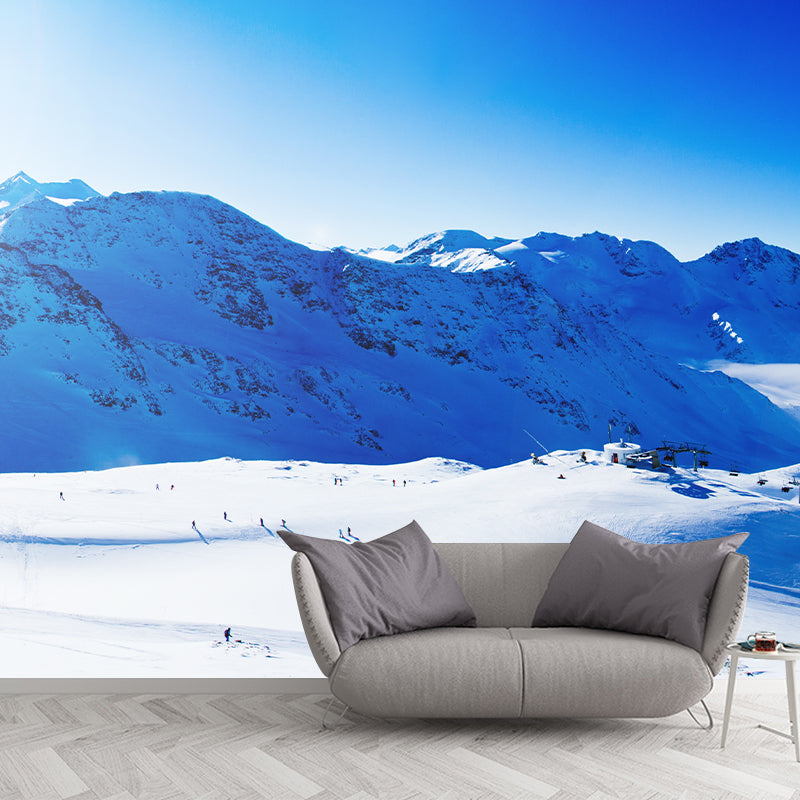 Blue-White Snow Scene Mural Decal Skiing Contemporary Waterproof Wall Art for Living Room
