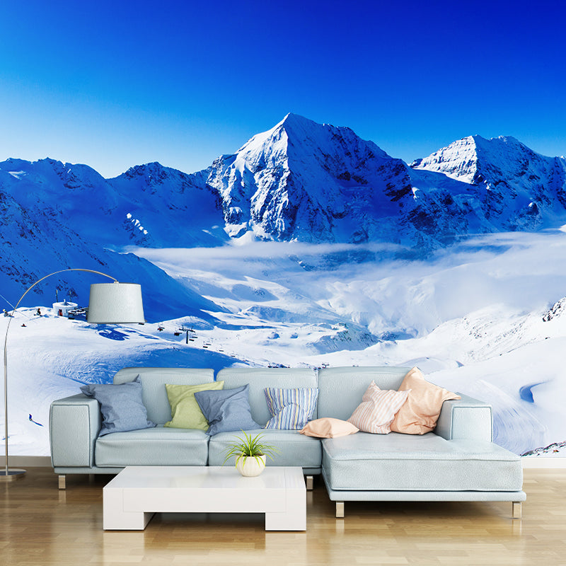 Blue-White Snow Scene Mural Decal Skiing Contemporary Waterproof Wall Art for Living Room