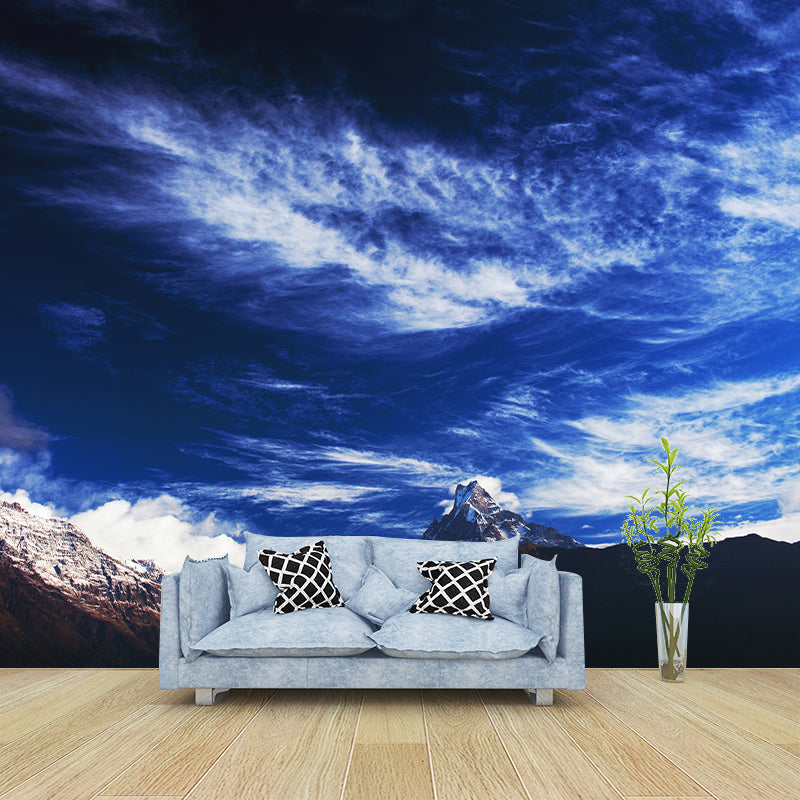 Modern Snow Mountain Sky Mural Wallpaper Blue-White Waterproof Wall Decor for Bedroom