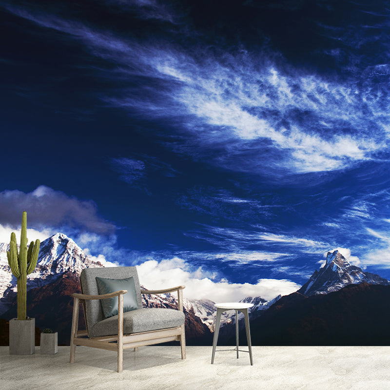 Modern Snow Mountain Sky Mural Wallpaper Blue-White Waterproof Wall Decor for Bedroom