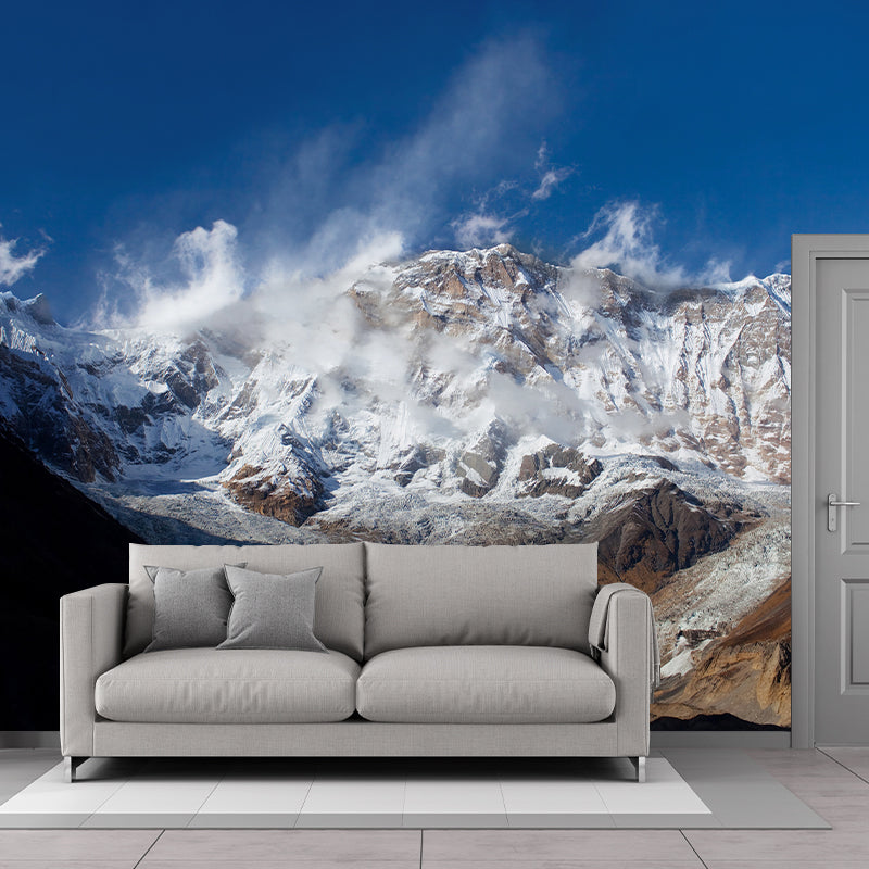 Non-Woven Stain Resistant Mural Modern Winter Rock Mountain Wall Art in Blue-White-Brown