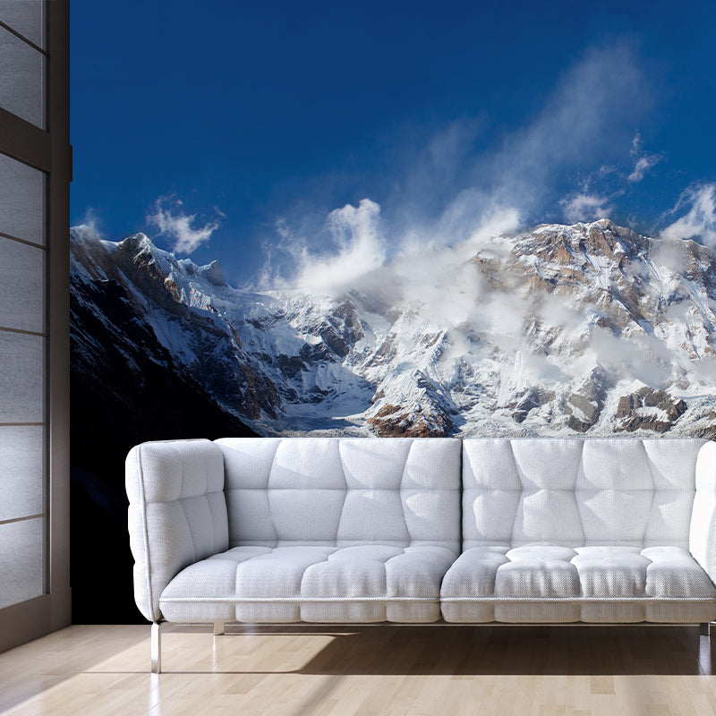 Non-Woven Stain Resistant Mural Modern Winter Rock Mountain Wall Art in Blue-White-Brown