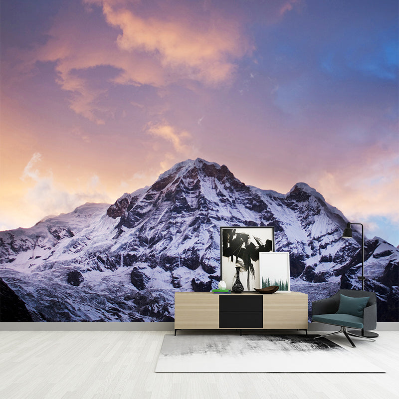 Orange-Blue Sunset Wallpaper Mural Snow Mountain Modern Washable Wall Covering for Home