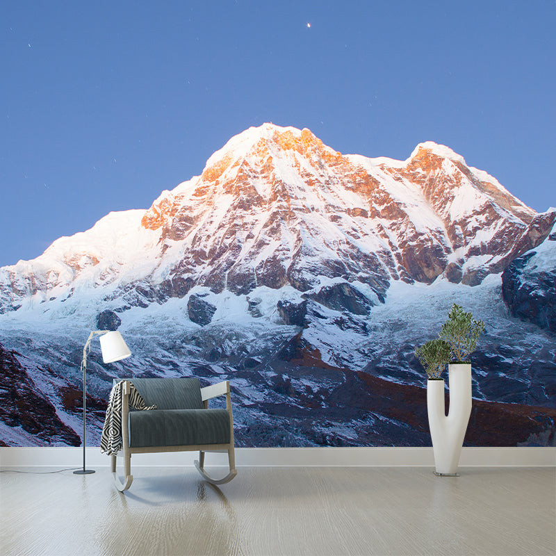Snow Mountain Looking-Up Mural in Blue-Brown Modern Style Wall Covering for Accent Wall