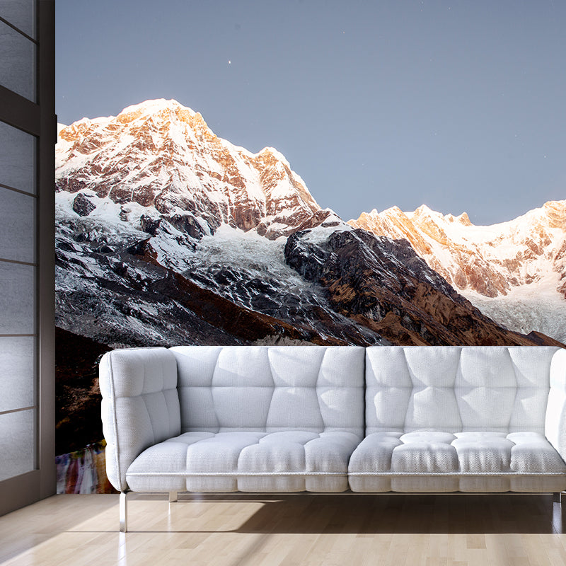 Snow Mountain Looking-Up Mural in Blue-Brown Modern Style Wall Covering for Accent Wall