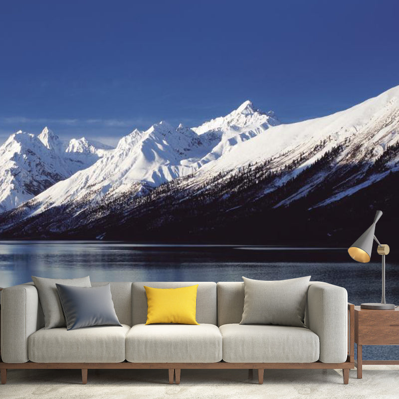 Tranquil Lake Landscape Wall Mural for Home Snowy Mountain Wall Art, Customized Size