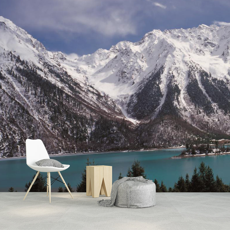 Riverside Snowy Mountain Mural Wallpaper Modern Smooth Wall Covering in Grey and White