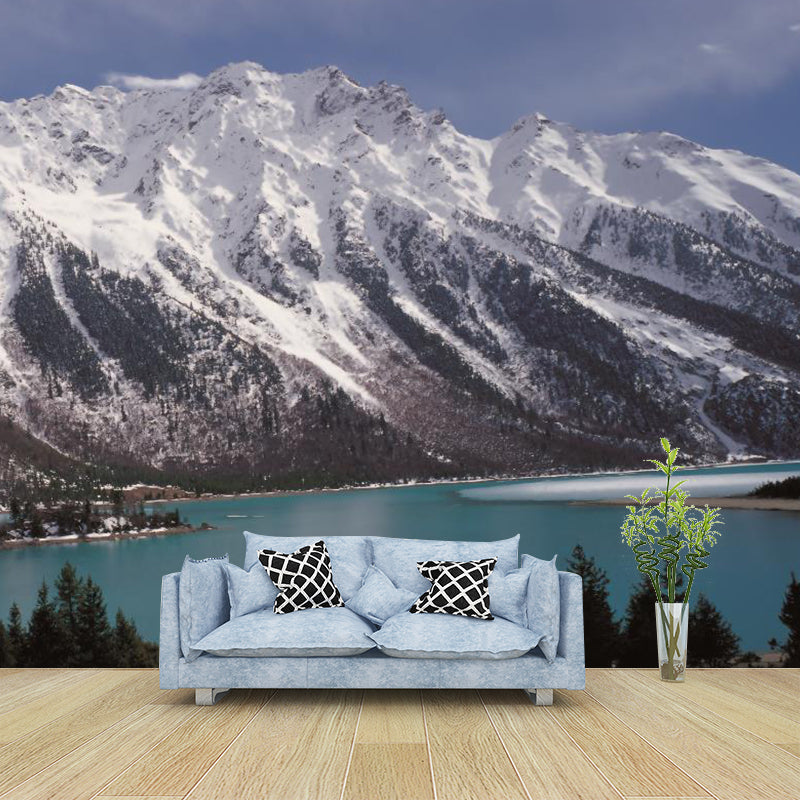 Riverside Snowy Mountain Mural Wallpaper Modern Smooth Wall Covering in Grey and White
