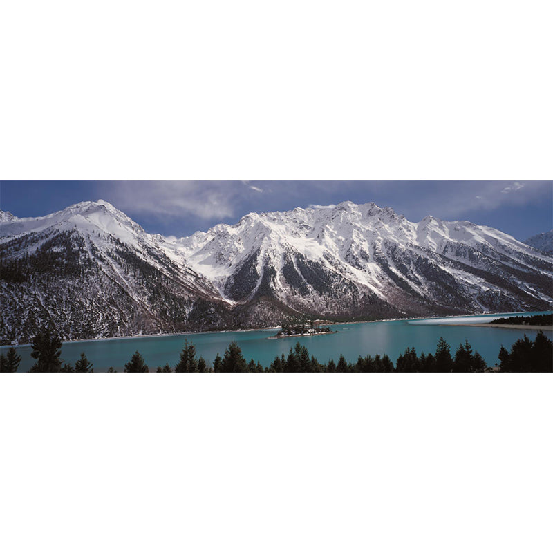 Riverside Snowy Mountain Mural Wallpaper Modern Smooth Wall Covering in Grey and White