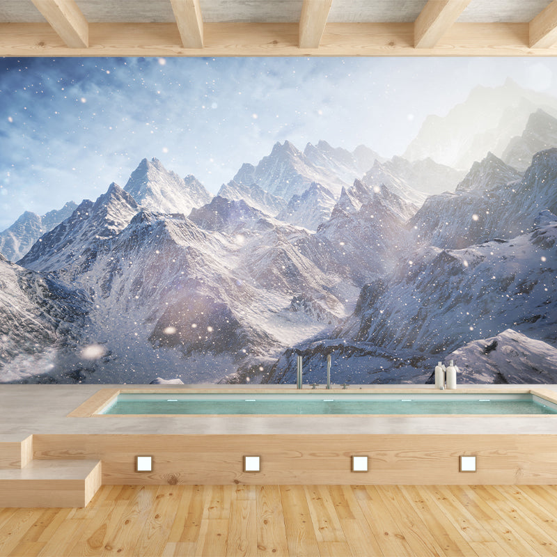 Modernist Snowing Mountain Scenery Mural for Living Room Personalized Wall Art in Grey-White