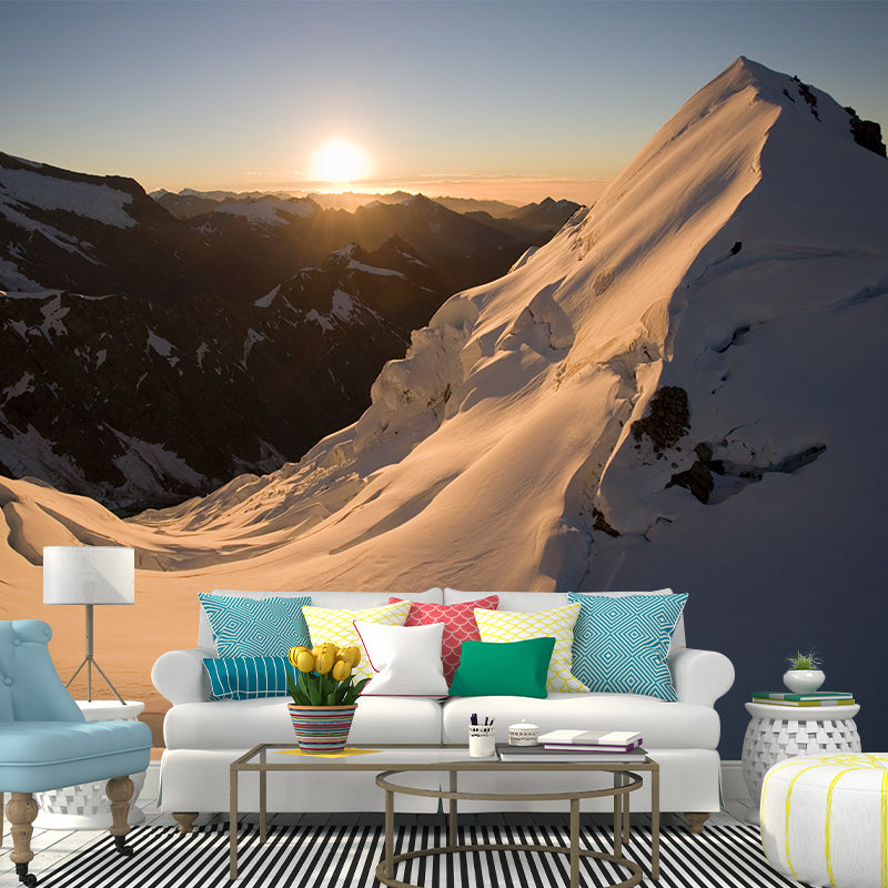 Snow Mountain Sunset Scene Mural Wallpaper Modern Non-Woven Wall Covering in White-Brown