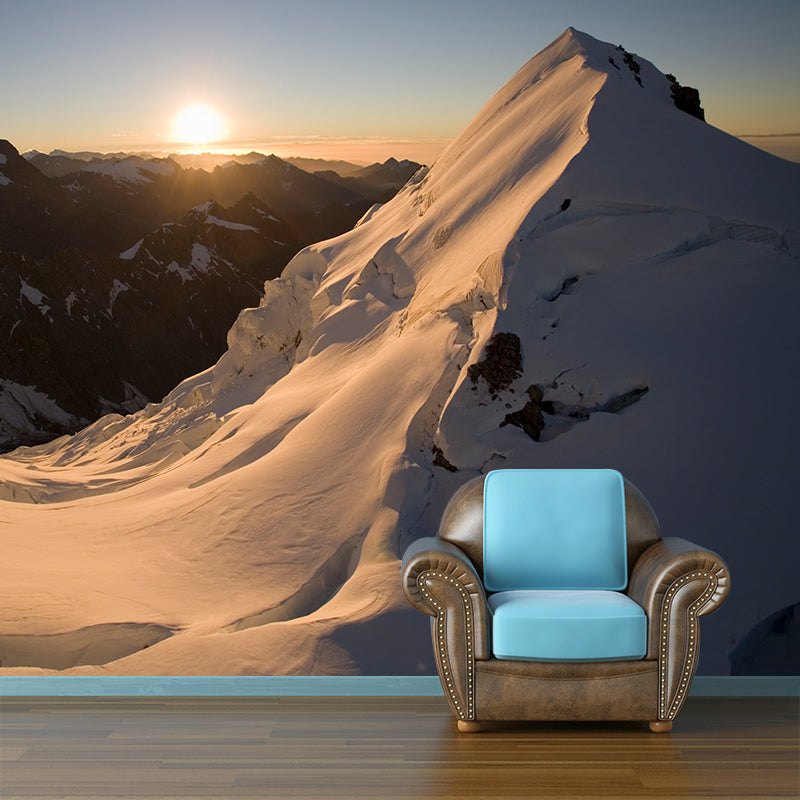 Snow Mountain Sunset Scene Mural Wallpaper Modern Non-Woven Wall Covering in White-Brown