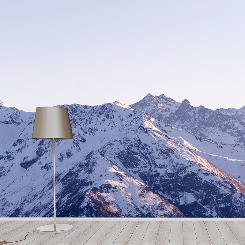 Peaks of Snowy Mountains Mural Contemporary Smooth Wall Covering in Grey and White