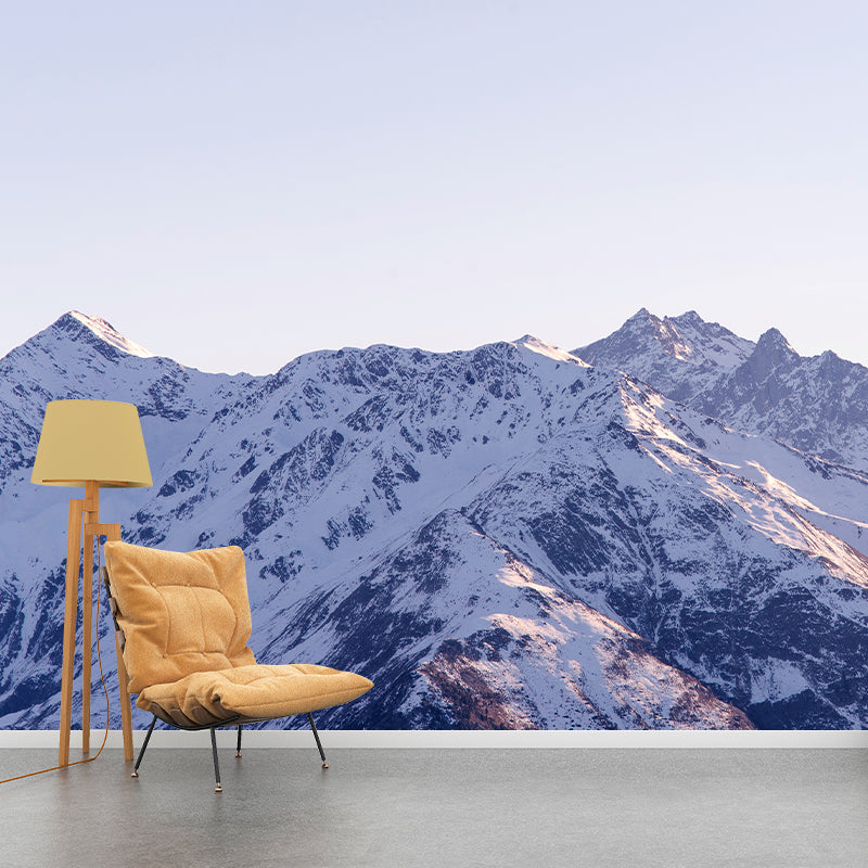 Peaks of Snowy Mountains Mural Contemporary Smooth Wall Covering in Grey and White