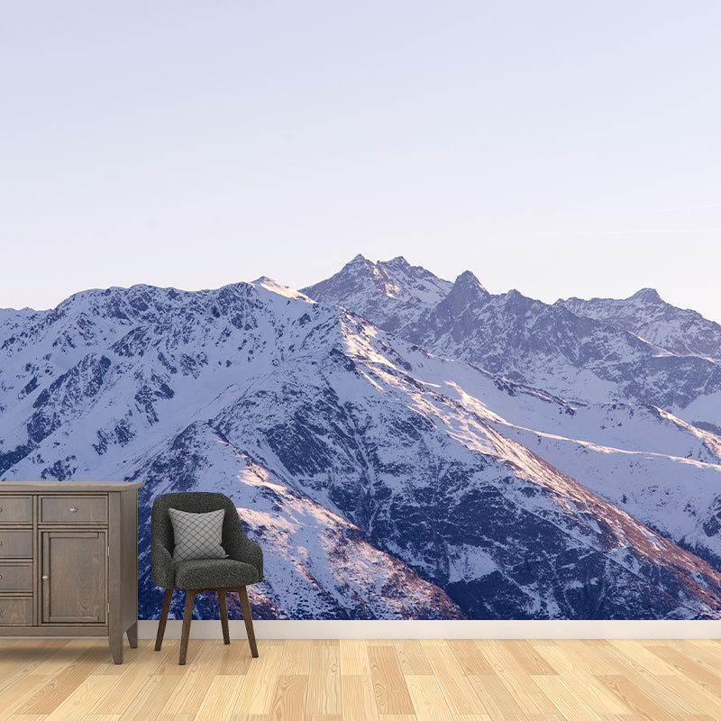 Peaks of Snowy Mountains Mural Contemporary Smooth Wall Covering in Grey and White