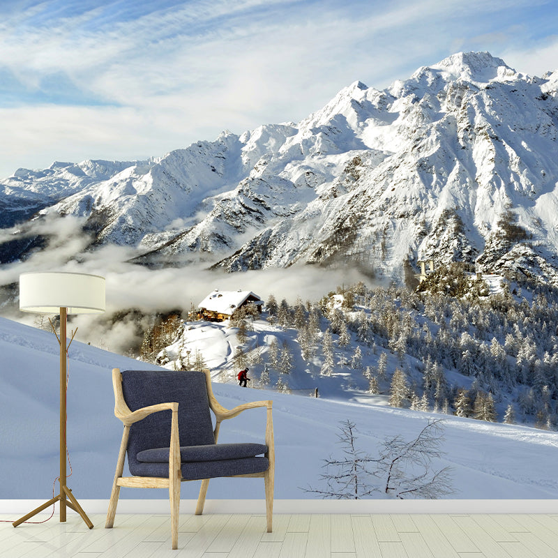 Modern Snow Mountain Cabin Murals Non-Woven Waterproof Grey-White Wall Decor for Home