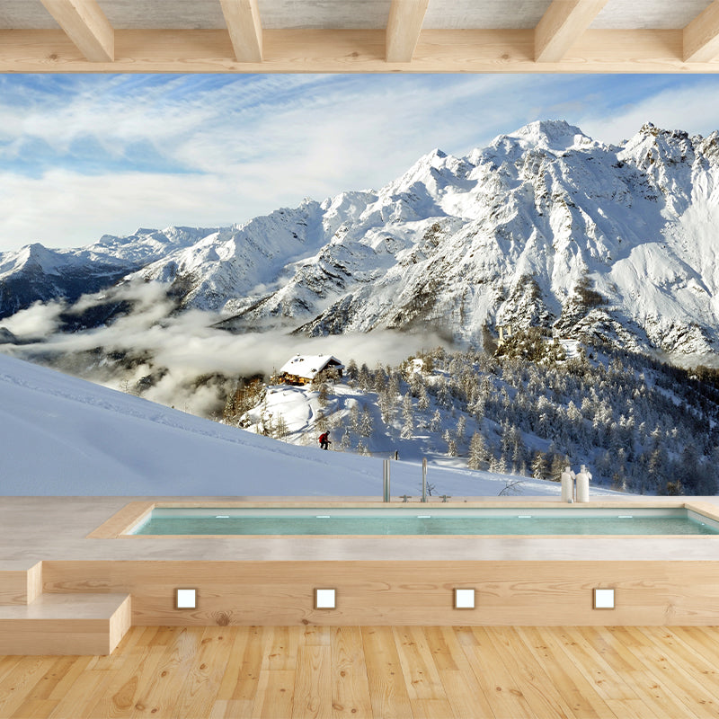 Modern Snow Mountain Cabin Murals Non-Woven Waterproof Grey-White Wall Decor for Home