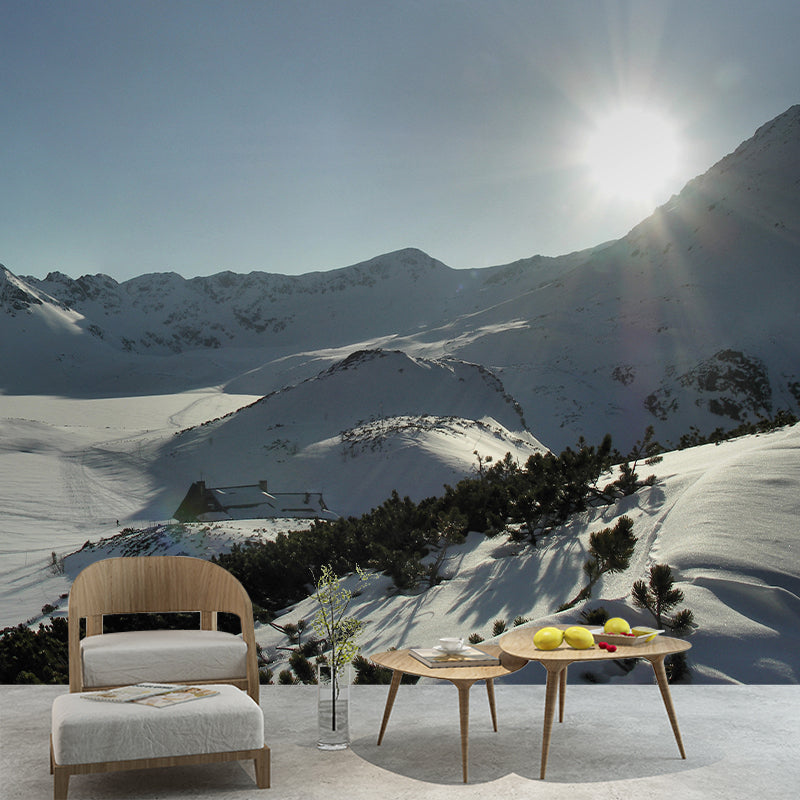 Large Modernist Wall Paper Murals Grey-White Sunrise in Snow Mountains Wall Art, Custom Made