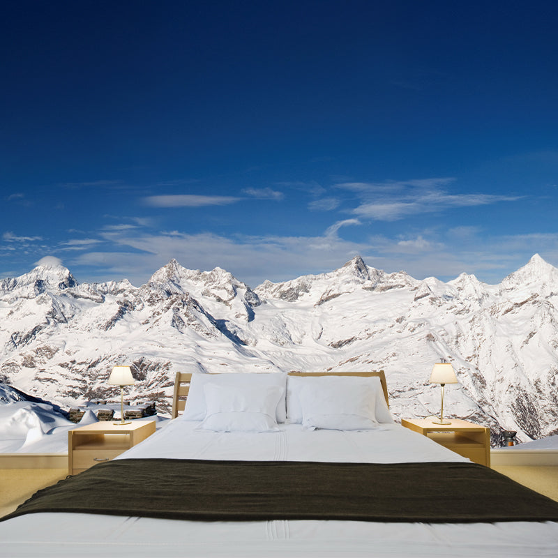 Photography Snow Mountain Overlook Mural for Living Room, Blue-White, Custom Printed