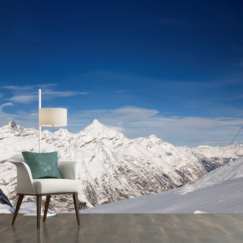 Photography Snow Mountain Overlook Mural for Living Room, Blue-White, Custom Printed