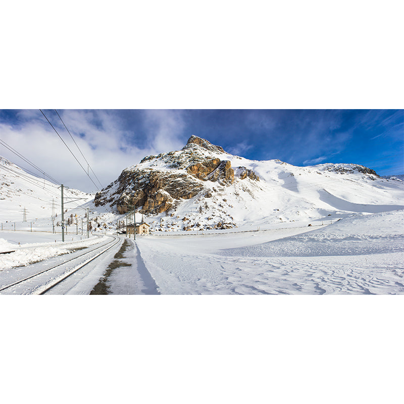 Modern Bypassed Rail Track Murals Blue-White Snow Mountain Scenery Wall Covering