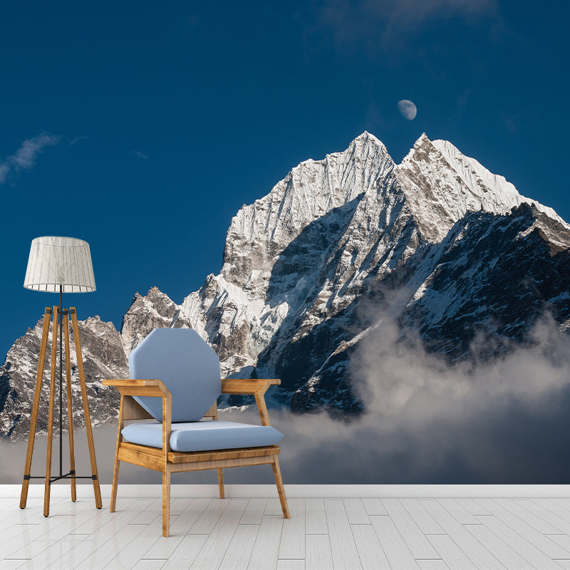 Big Modern Wall Paper Murals Grey-Blue Waxing Gibbous over Snow Mountain Wall Decor, Custom Size