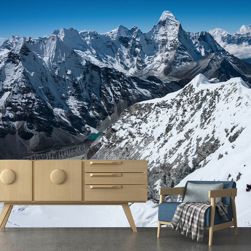 Snow Mountain Landscape Wall Murals Contemporary Non-Woven Fabric Wall Art in Grey-Blue