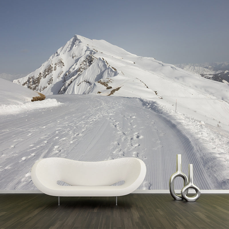 Custom Photo Print Modern Mural Wallpaper with Road to Snow Mountain Pattern in Grey-White