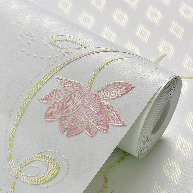 Rural Flower Lotus Wallpaper Roll Soft Color Stain Resistant Wall Art for Bedroom