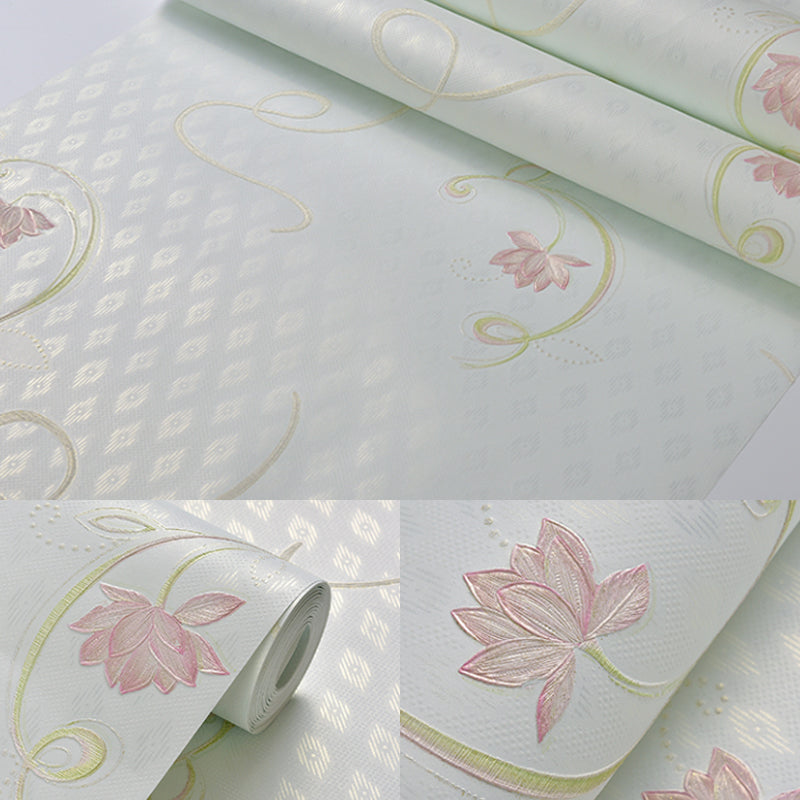 Rural Flower Lotus Wallpaper Roll Soft Color Stain Resistant Wall Art for Bedroom
