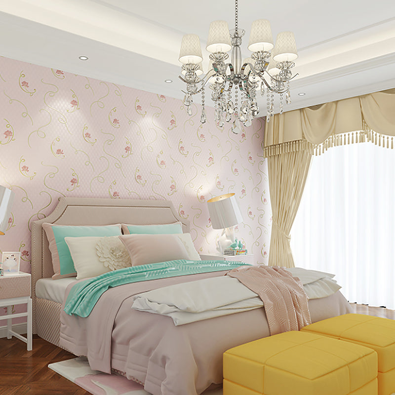 Rural Flower Lotus Wallpaper Roll Soft Color Stain Resistant Wall Art for Bedroom