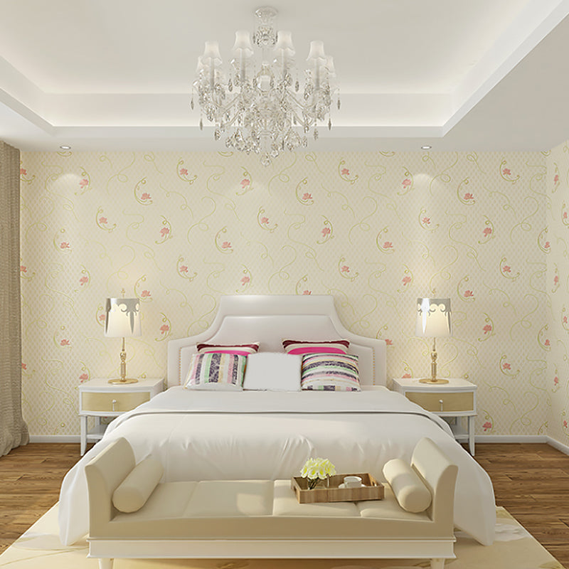 Rural Flower Lotus Wallpaper Roll Soft Color Stain Resistant Wall Art for Bedroom