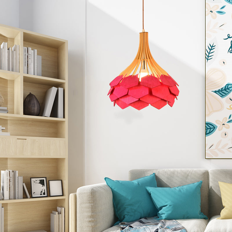 Pin Cône Hanging Lightture Modern Style Wood 1 Bulbe Red / Blue Pendant lampe pour salle à manger