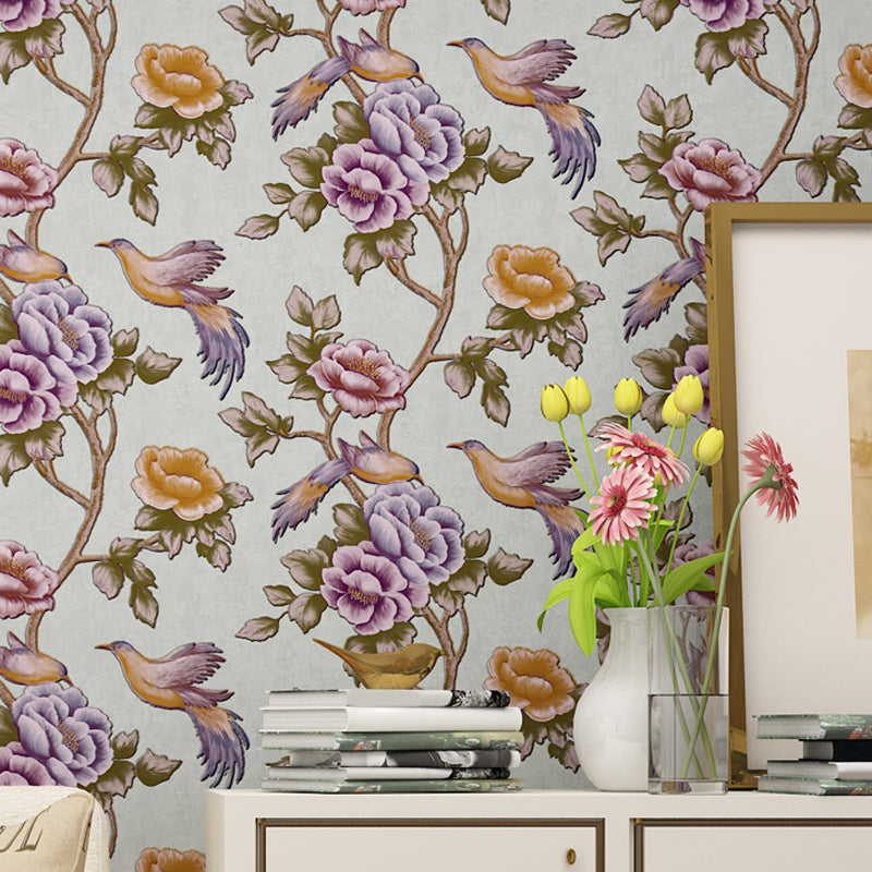 Bird and Peonies Print Wallpaper Dark Color Countryside Wall Covering for Living Room