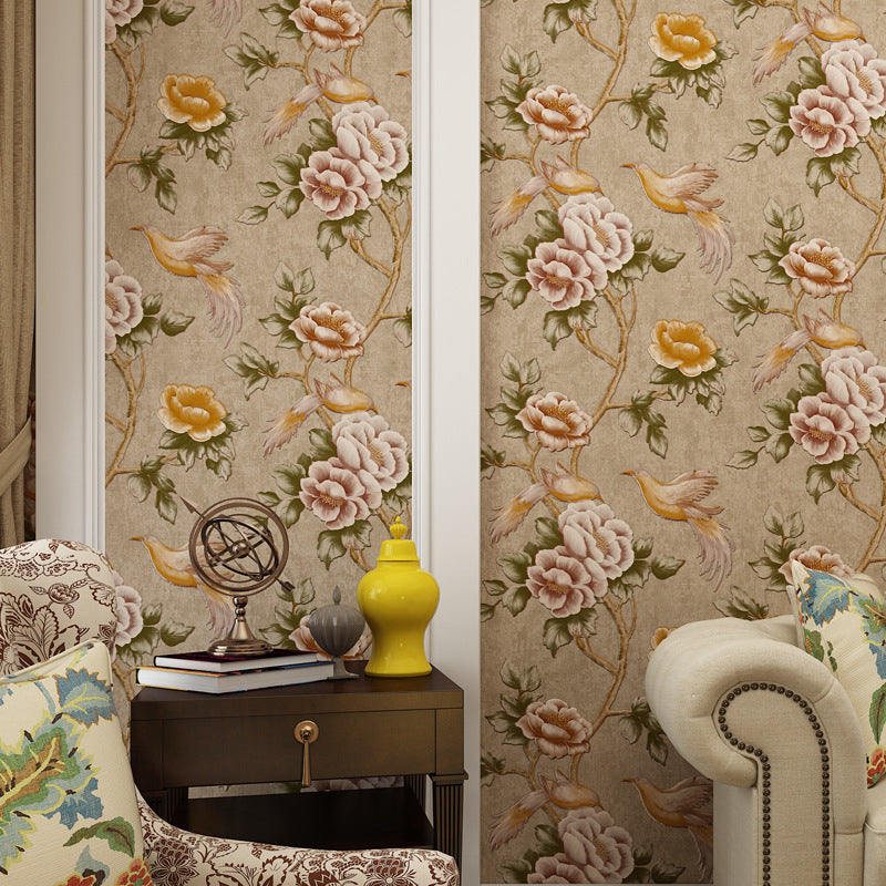 Bird and Peonies Print Wallpaper Dark Color Countryside Wall Covering for Living Room