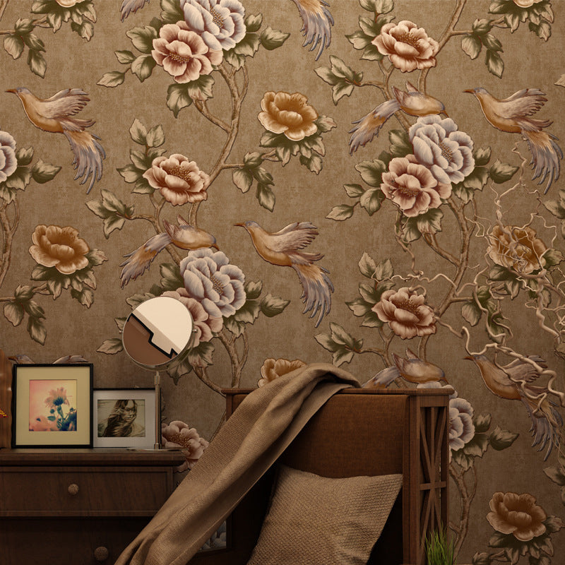 Bird and Peonies Print Wallpaper Dark Color Countryside Wall Covering for Living Room