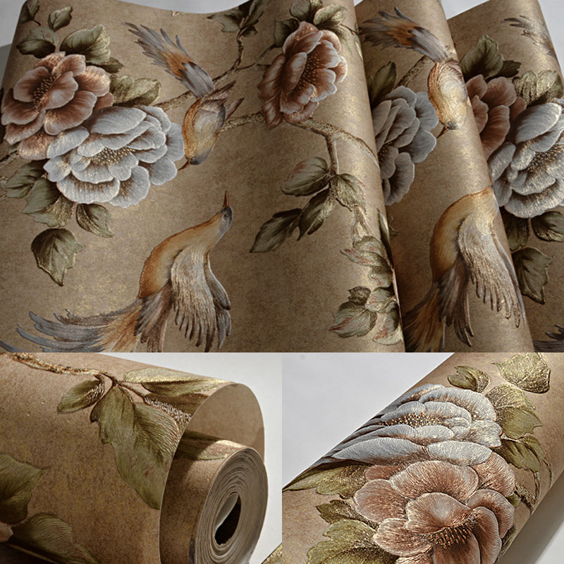 Bird and Peonies Print Wallpaper Dark Color Countryside Wall Covering for Living Room