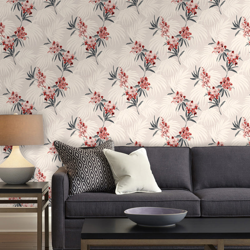 Rustic Leafy Flower Wallpaper Roll Yellow-Red Water Resistant Wall Decor for Bedroom