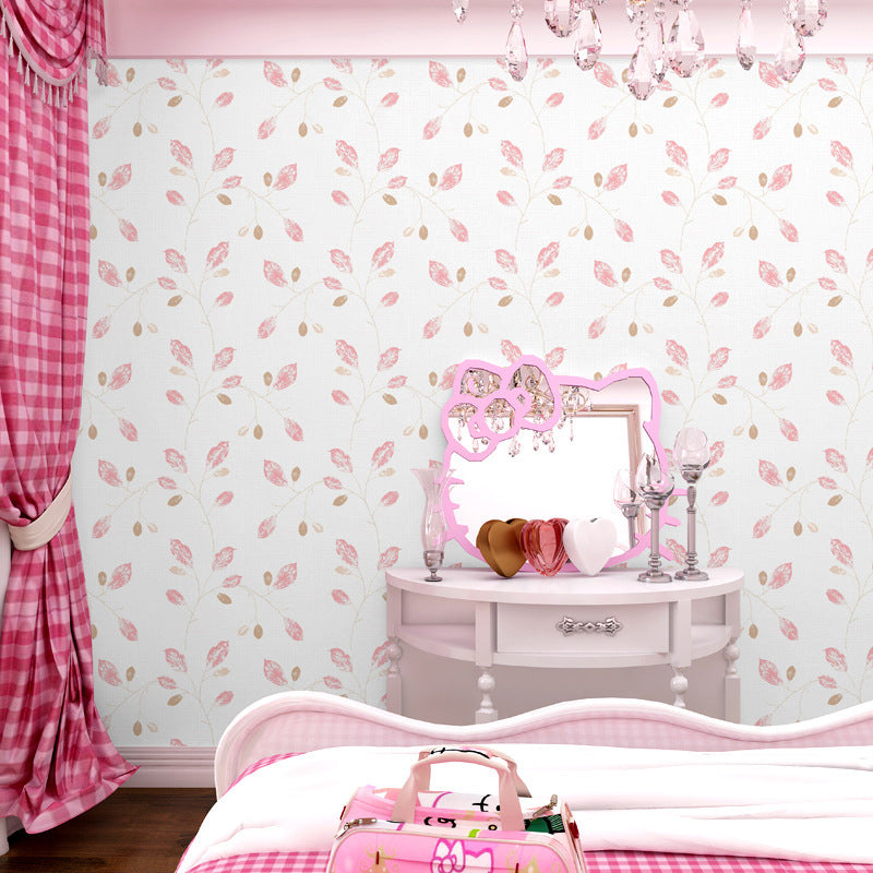 Plants Leaf Wallpaper Roll Country Style Smooth Wall Art in Light Color for Home