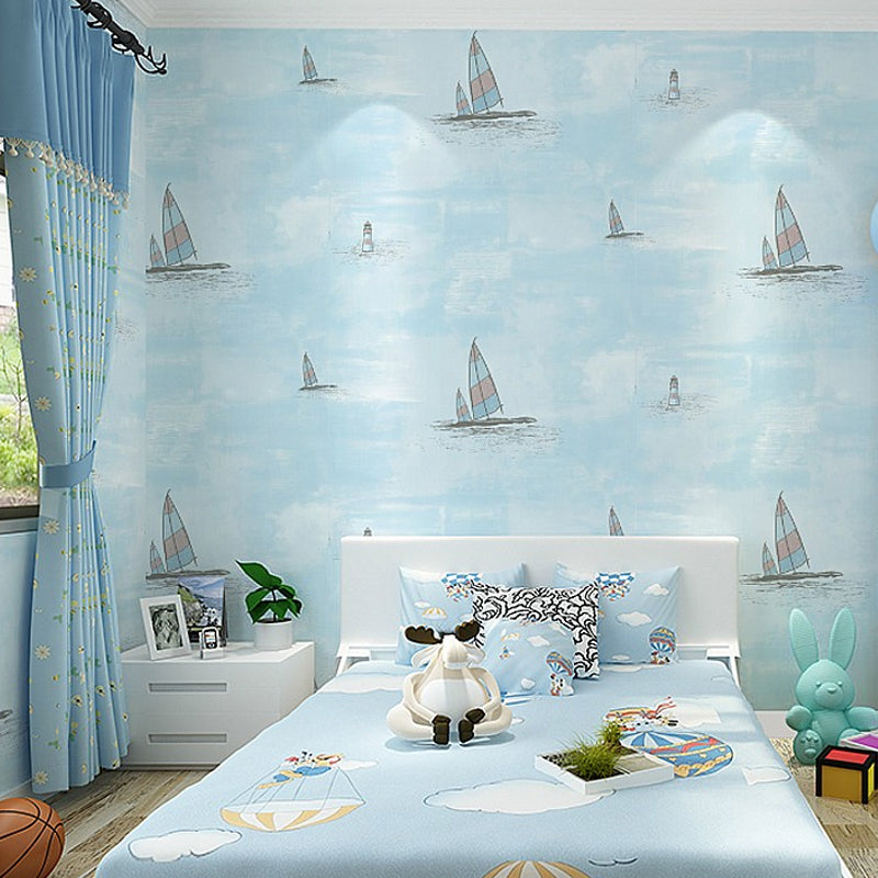 Nautical Sailboat Wallpaper Roll Novelty Smooth Wall Decor for Childrens Playroom