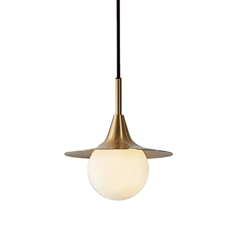 1 Light Flared Ceiling Pendant Light with Milk Glass Ball Shade Mid Century Brass Hanging Lamp for Dining Table