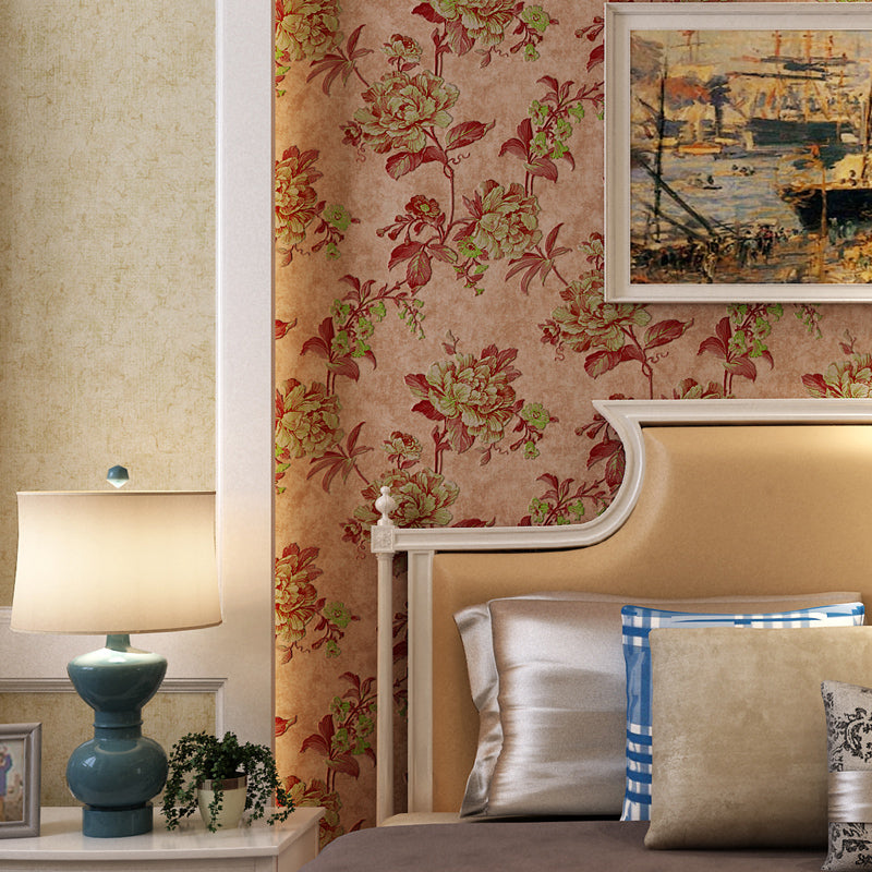 Country Peony Wallpaper Roll Dark Color Living Room Wall Covering, 33' L x 20.5" W