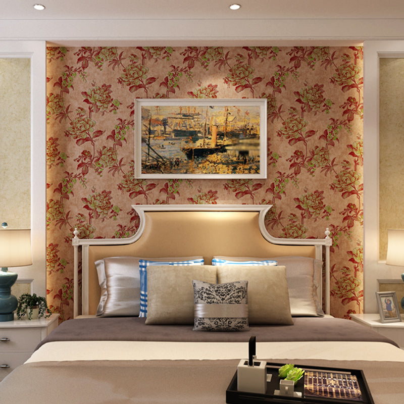 Country Peony Wallpaper Roll Dark Color Living Room Wall Covering, 33' L x 20.5" W