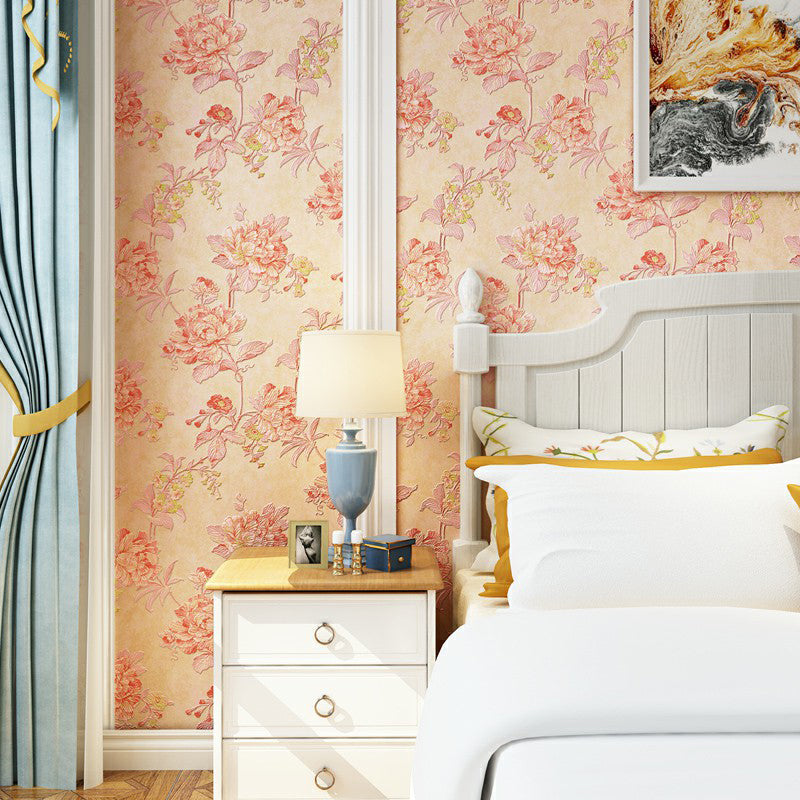 Country Peony Wallpaper Roll Dark Color Living Room Wall Covering, 33' L x 20.5" W