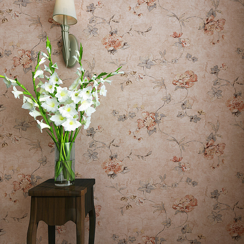 Rustic Peach Flowers Wallpaper Washable Wall Covering for Living Room, Non-Pasted