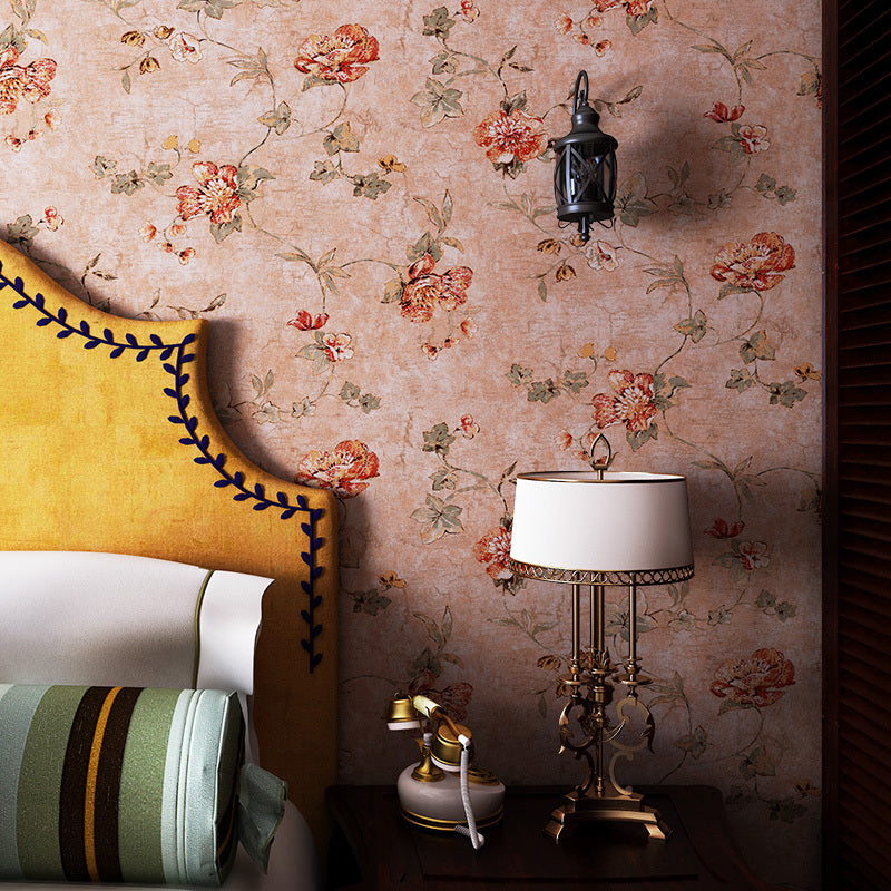 Rustic Peach Flowers Wallpaper Washable Wall Covering for Living Room, Non-Pasted