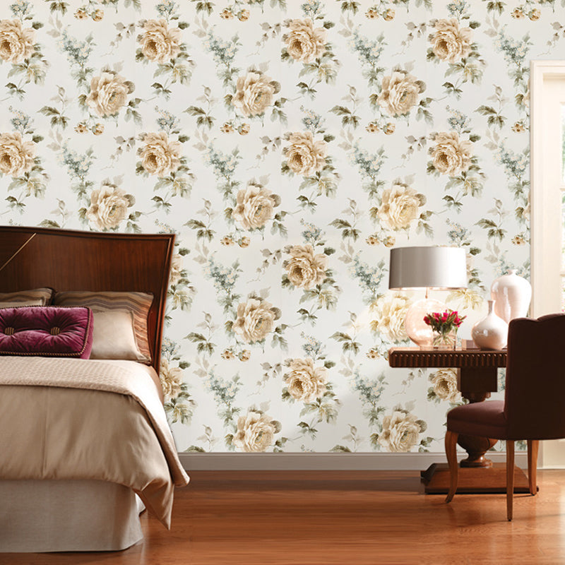 Rural Blooming Peonies Wallpaper Paper-Print Moisture Resistant Beige Wall Art for Home